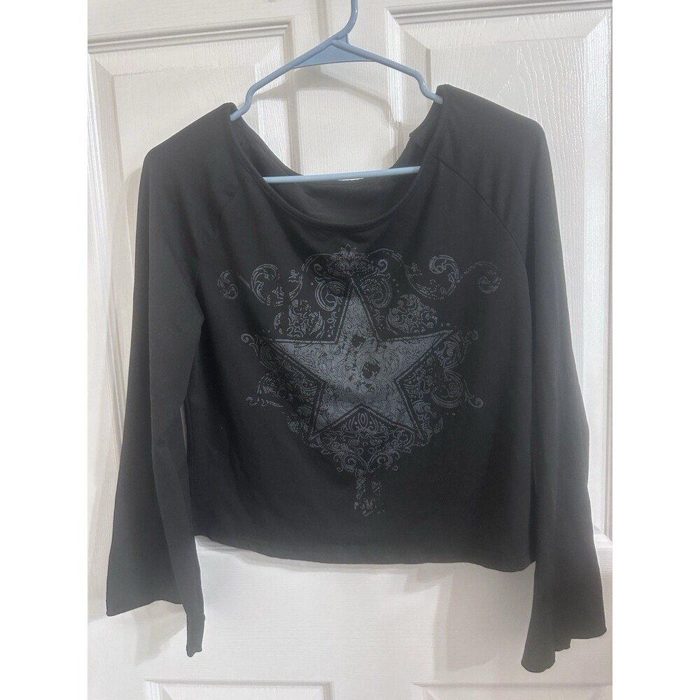 Black Goth Fairy Core Witchy Graphic Cropped T With Bell Sleeves XL